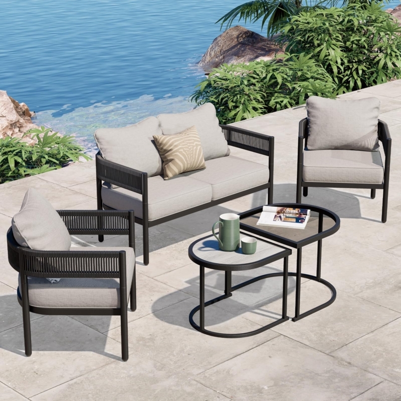 Patio Furniture Set Brown Wicker Weave with Contrasting Cushions