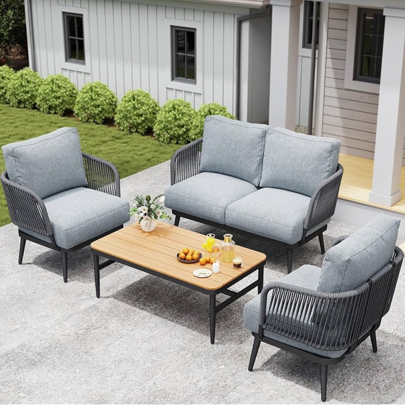 Patio Furniture Set Charcoal Gray and Black Woven, Mixed Material Table