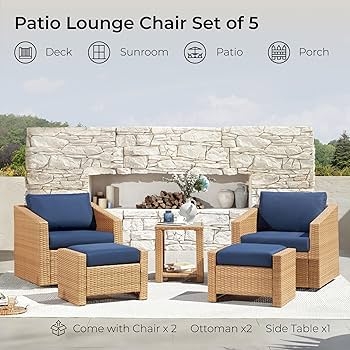 Patio Furniture Set: Coastal 5-Piece Brown Wicker Swivel Base Blue