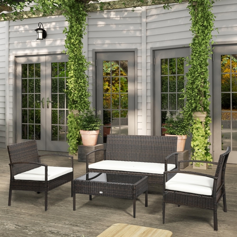 Patio Furniture Set Dark Woven Wicker Glass Top Curved Arms Cream