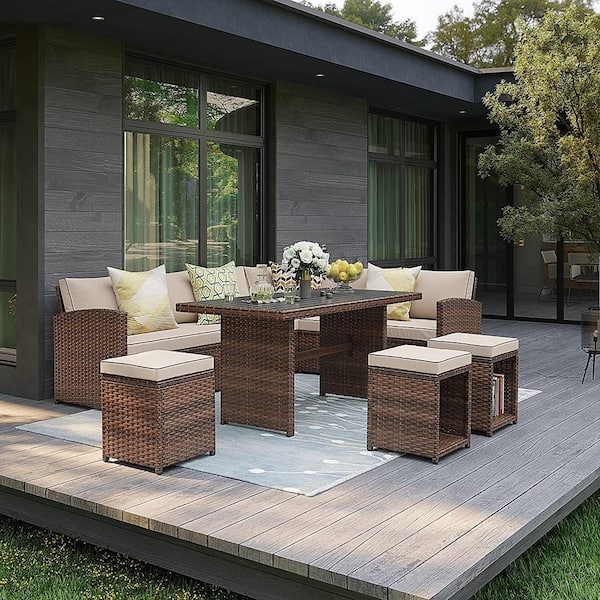 Patio Furniture Set Dining Height Table All Weather Wicker Dark Brown