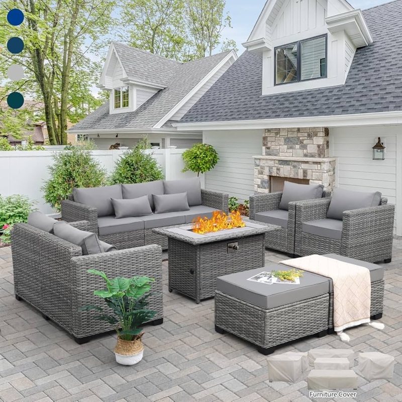 Patio Furniture Set Featuring Propane Fire Table and Wicker Base