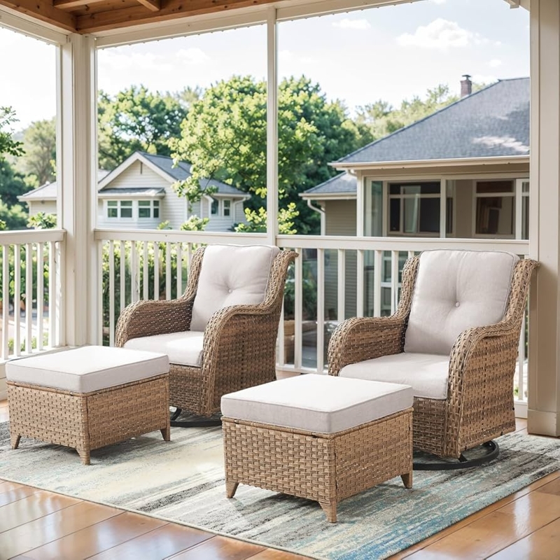 Patio Furniture Set: Golden Yellow Wicker Swivel Chairs with Ottomans