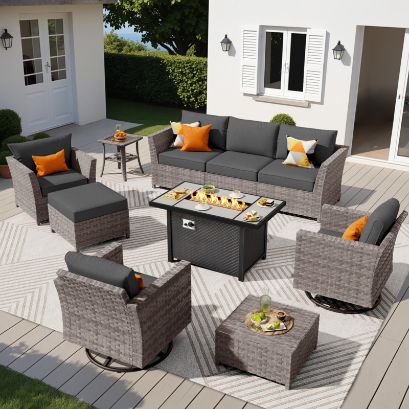Patio Furniture Set Gray Wicker Sectional and Fire Pit Table