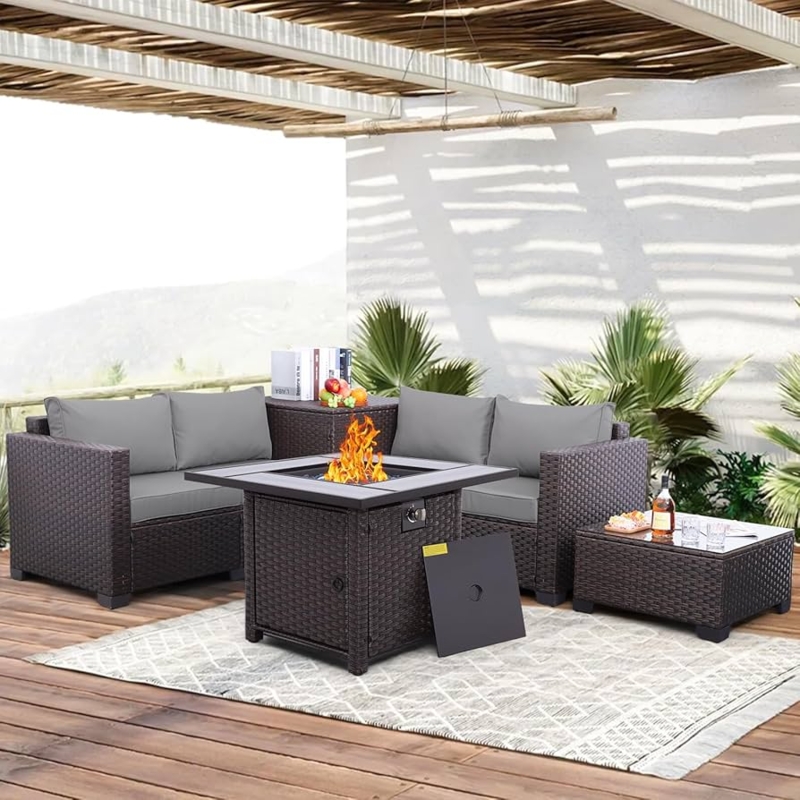 Patio Furniture Set Integrated Fire Pit, Resin Wicker Grey Outdoor