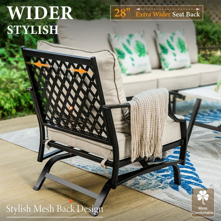 Patio Furniture Set L-Shaped Sectional Beige Cushions Black Metal Frame