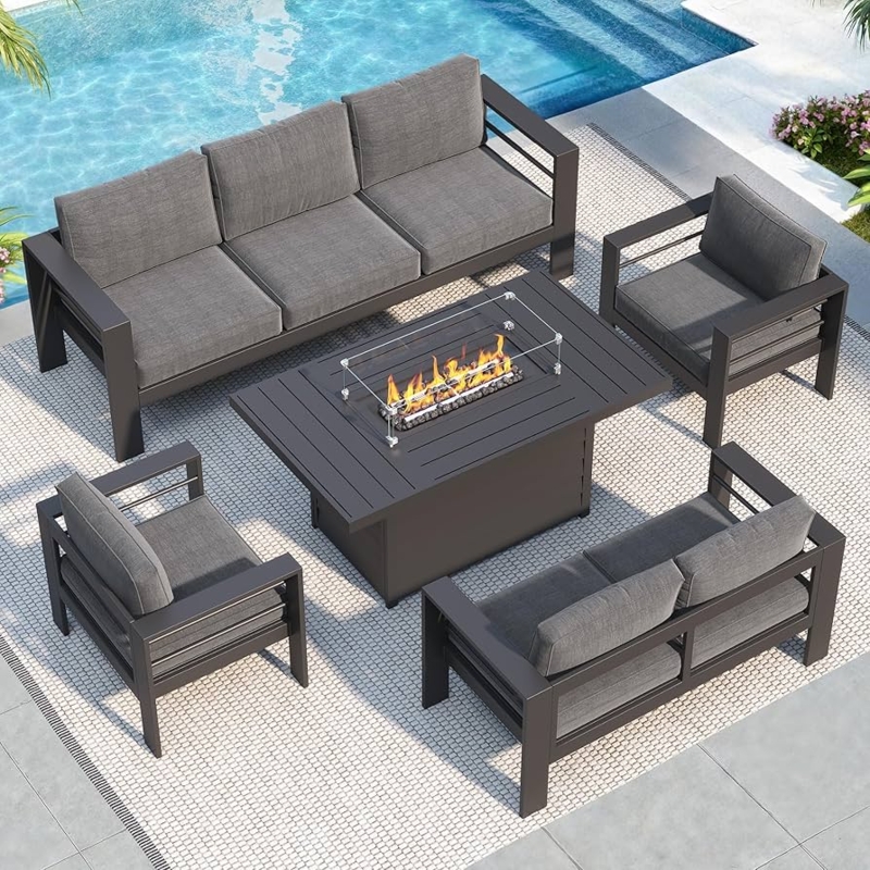 Patio Furniture Set Low Profile Silhouette Aluminum Frame Fire Pit Table