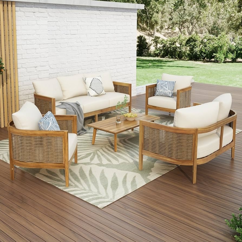 Patio Furniture Set: Modern Mixed Material Frames, Tapered Wooden Legs