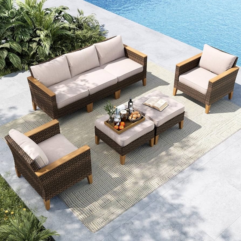 Patio Furniture Set Modular Design Brown Woven Wicker Beige 7 Piece