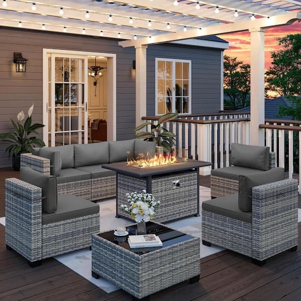 Patio Furniture Set: Modular Gray Wicker with Fire Pit Table