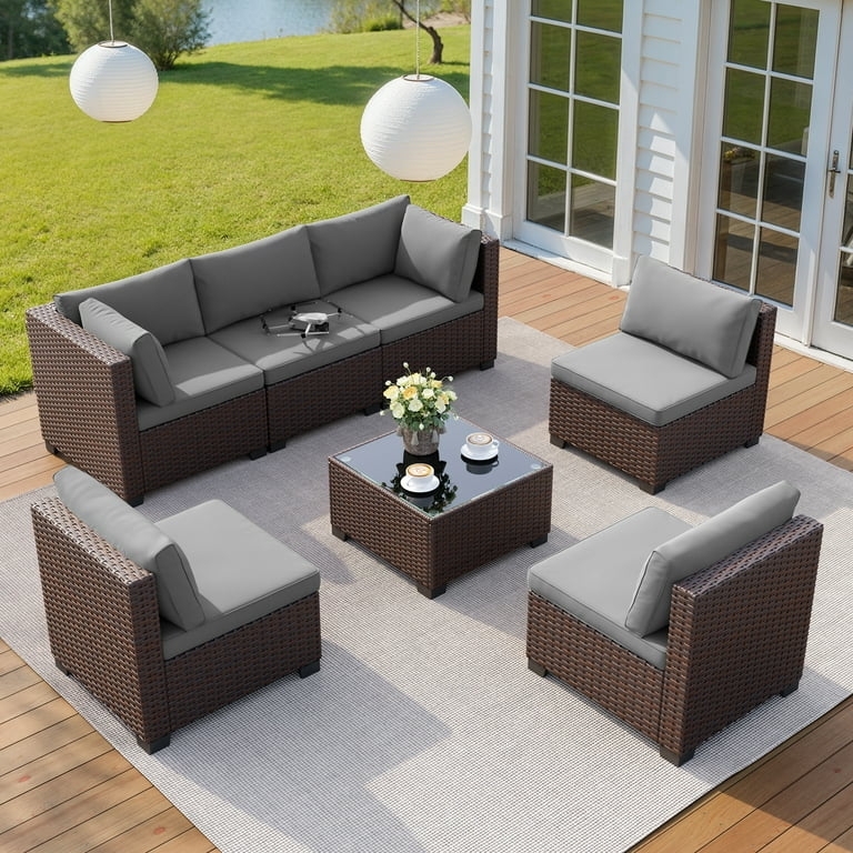 Patio Furniture Set Modular Rattan Design with Plush Grey Cushions