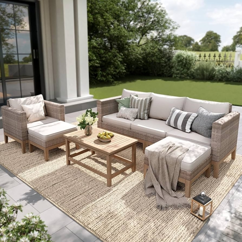 Patio Furniture Set Modular Woven Rattan Acacia Wood Table Neutral Wicker