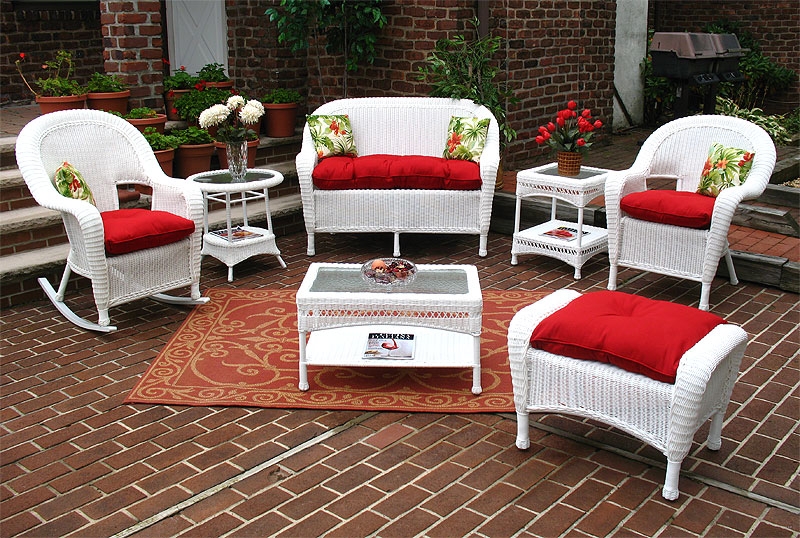 Patio Furniture Set Navy Patterned Cushions White Wicker Coastal Style