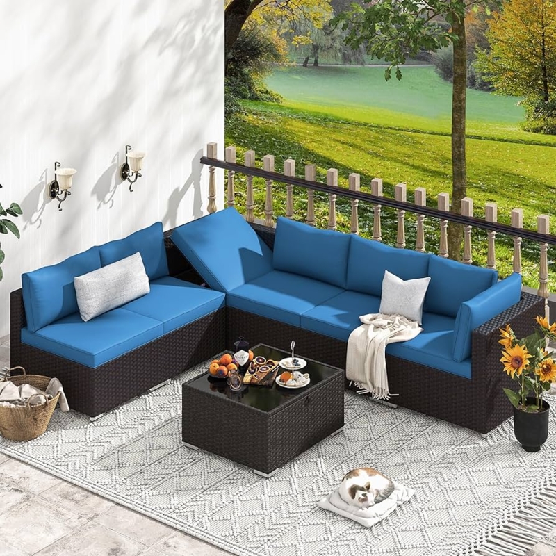 Patio Furniture Set Navy Sectional with White Piping and Wood Table