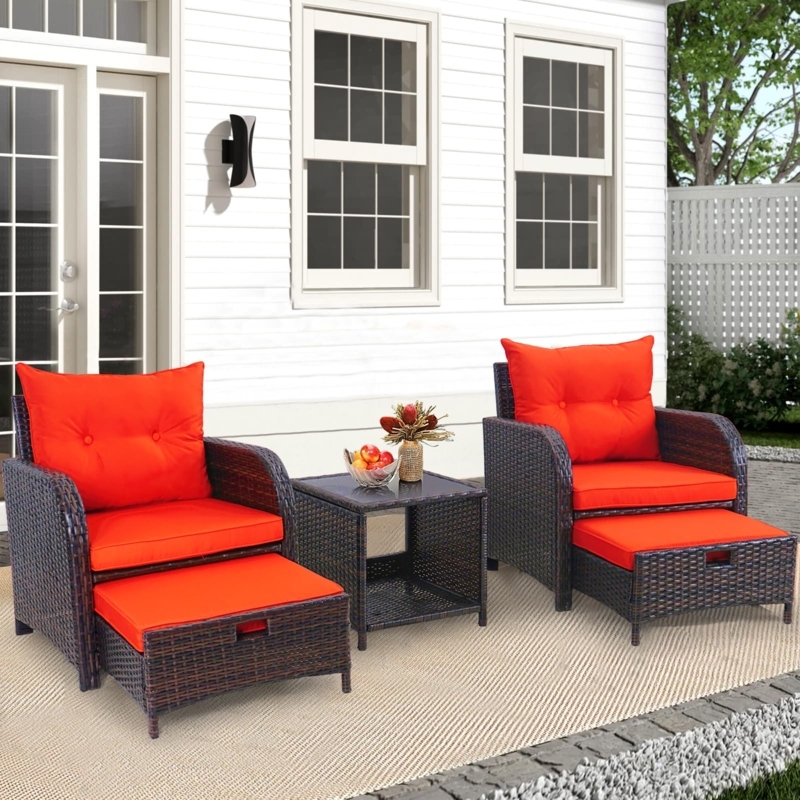 Patio Furniture Set, Nesting Ottomans, Vibrant Orange Cushions, Rattan