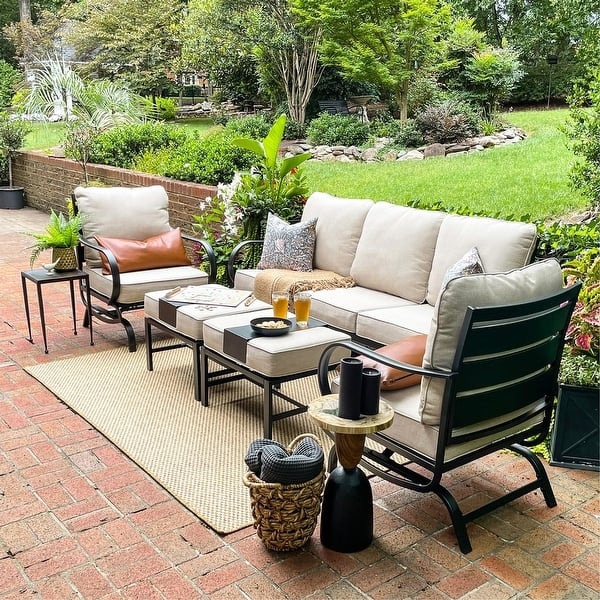 Patio Furniture Set Slatted Coffee Table Dark Brown Wicker Cream 5 Piece