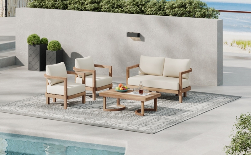 Patio Furniture Set: Slatted Wood Frame & Deep Seating Cushions