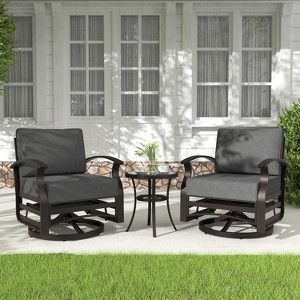 Patio Furniture Set Swivel Rocker Chairs Charcoal Metal Frame Glass Top
