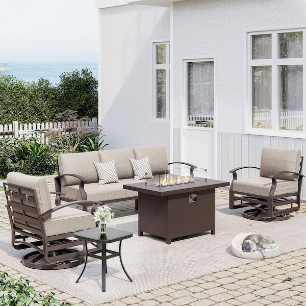 Patio Furniture Set Swivel Rocking Chairs Fire Pit Table Metal Frame