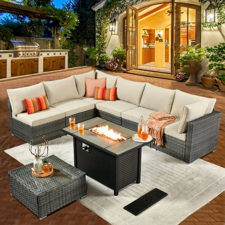 Patio Furniture Set Teal Accent Pillows, Fire Pit Table Rattan Wicker Set