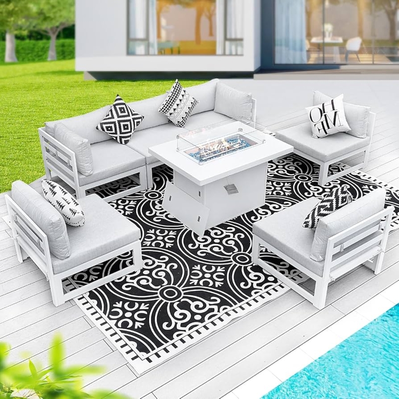 Patio Furniture Set U-Shaped Metal with Integrated Fire Pit Table