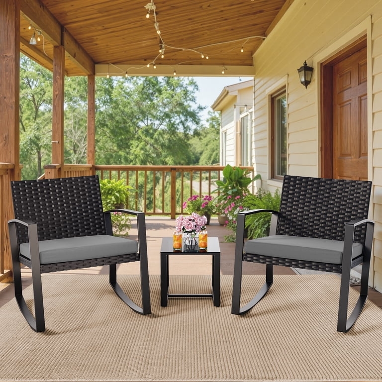 Patio Furniture Set, Wicker Rocking Chairs, Gray Cushions, Glass Top