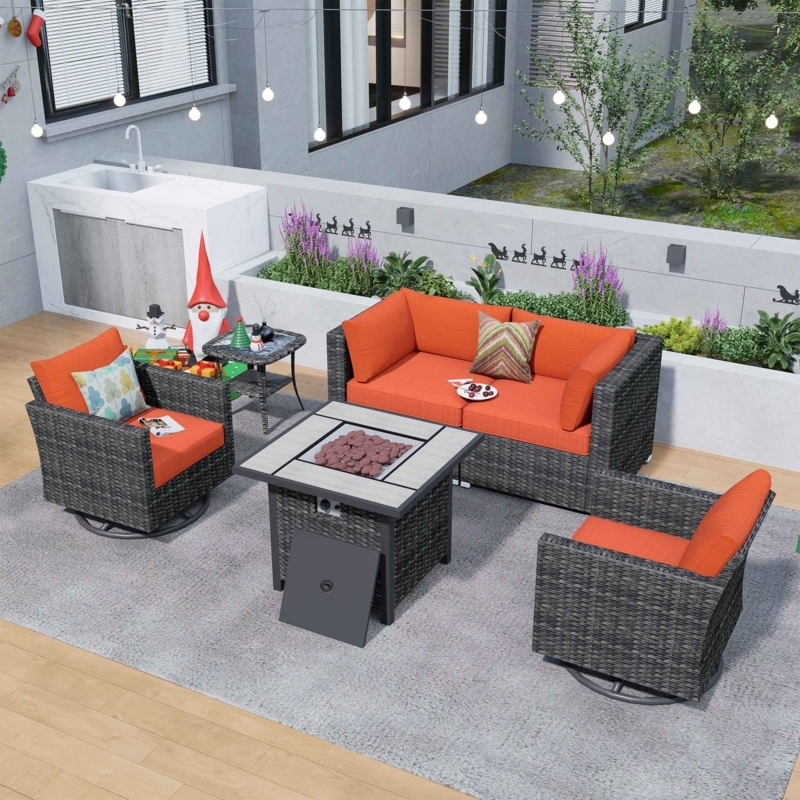 Patio Furniture Set, Wicker Sectional with Fire Pit Table, Orange-Red