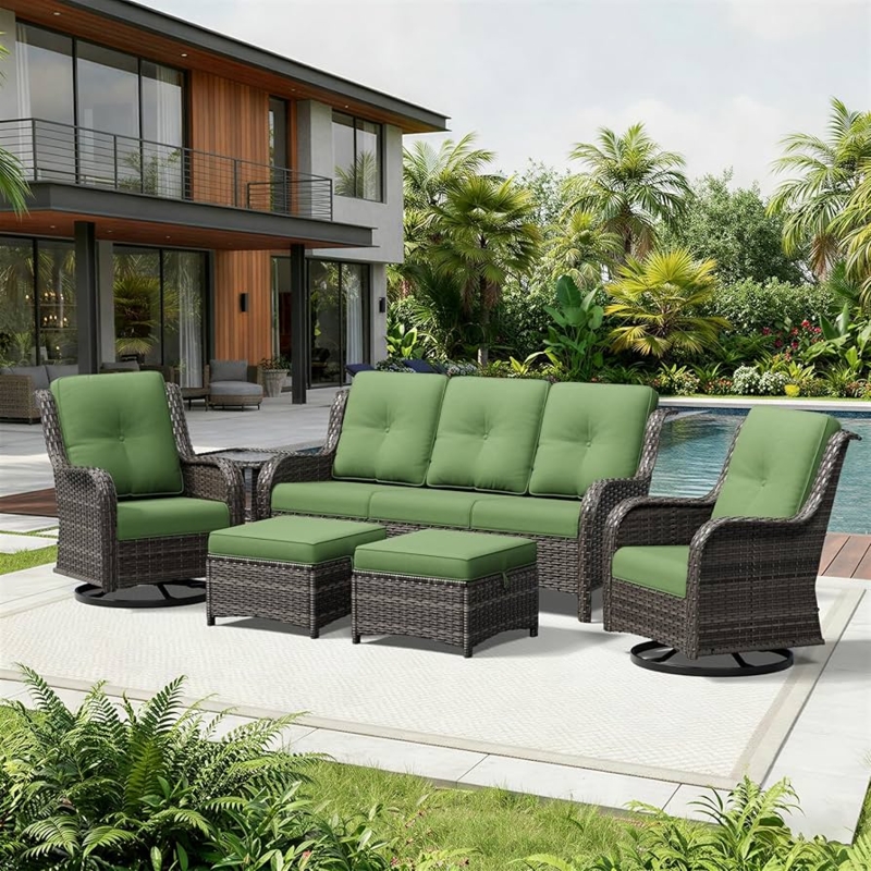 Patio Furniture Set Wicker Swivel Rockers Matching Ottomans Gray Cushions