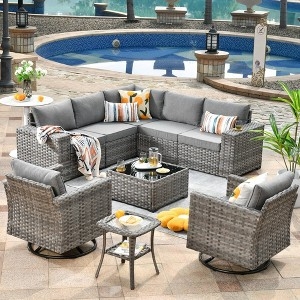 Patio Furniture Set Wicker with Swivel Chairs and Denim Blue Cushions