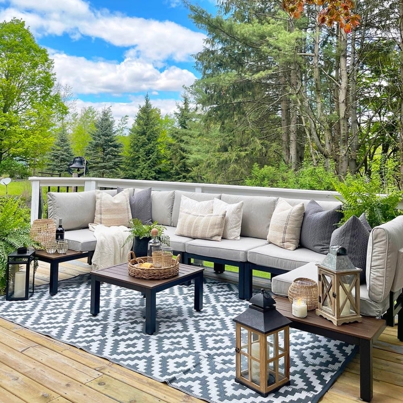 Patio Furniture Set with Integrated Side Tables and Grey Cushions
