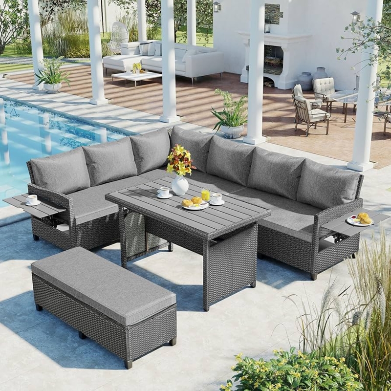 Patio Furniture Set with Integrated Side Tables & Dining Height Table