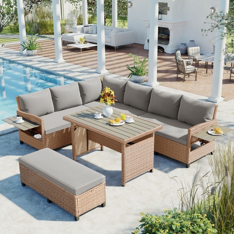 Patio Furniture Set with Integrated Side Tables in Grey Wicker