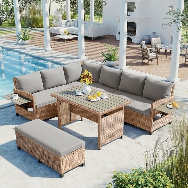 Patio Furniture Set with L-Shaped Sofa & Integrated Folding Side Tables