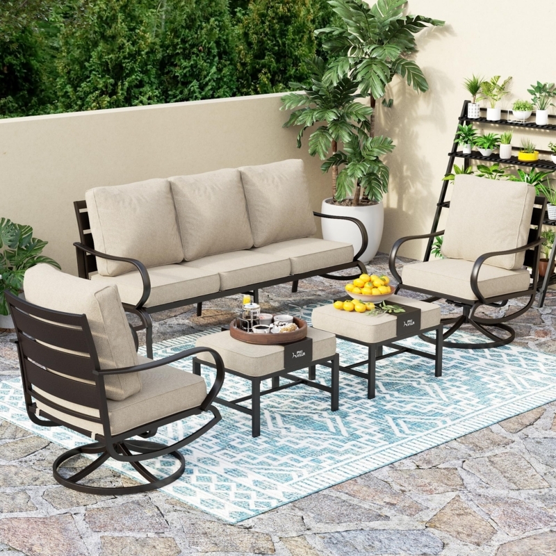Patio Furniture Set with Swivel Armchairs & Slatted Metal Frame