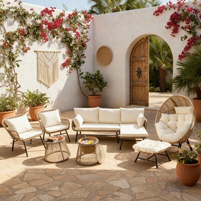 Patio Furniture Set with White Woven Egg Chair, Honey Wood Frames