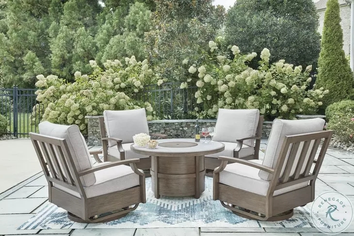 Patio Furniture Set: Wood Look Metal Fire Pit Table & Swivel Rockers