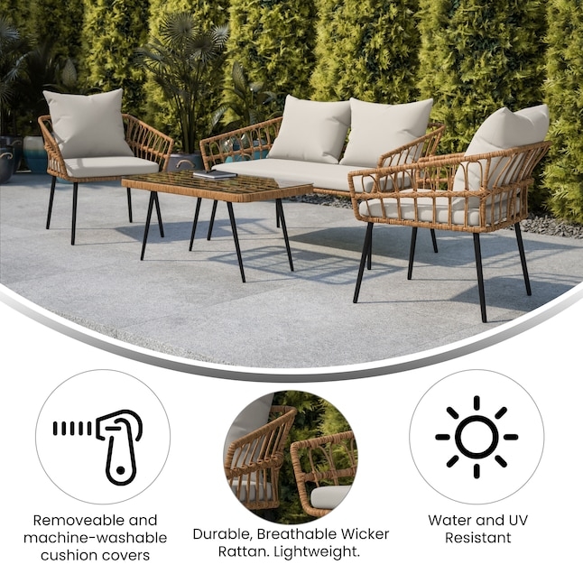 Patio Furniture Set Wood Toned Legs, Woven Texture, Mid Century Modern