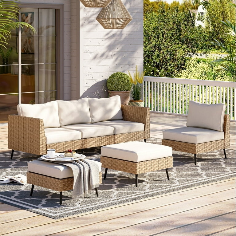 Patio Furniture Set: Woven Rattan Base with Modular Ottomans & High Contrast