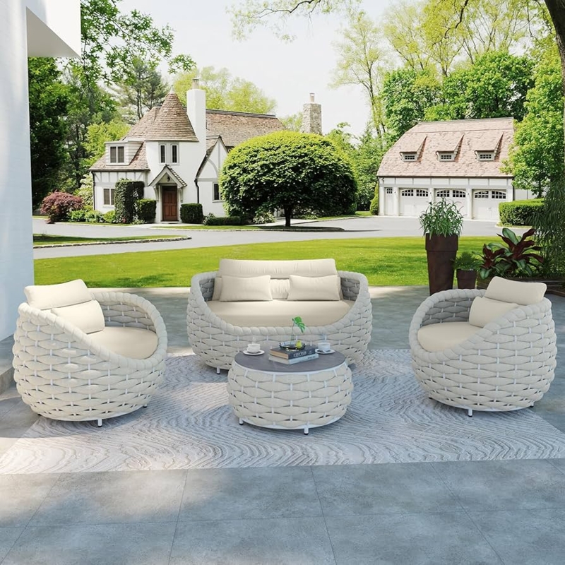 Patio Furniture Set Woven Rope Back Cream Cushions Wood Legs
