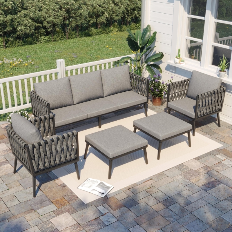 Patio Furniture Set Woven Rope Detailing Grey Cushions Luxury Poolside
