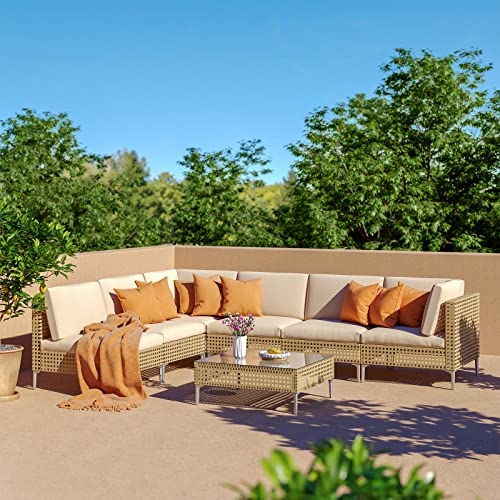 Patio Furniture Set Woven Wicker Base Thick Beige Cushions