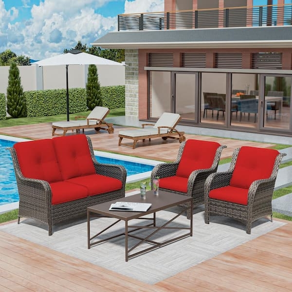 Patio Furniture Set Woven Wicker Frames Glass Top Coffee Table