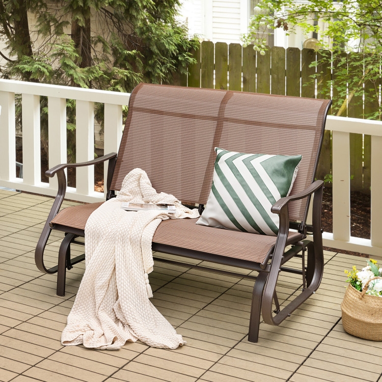 Patio Glider Bench featuring Dark Brown Metal and High Slatted Back