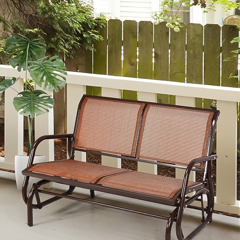 Patio Glider with Brown Mesh Sling Seat and Black Steel Frame