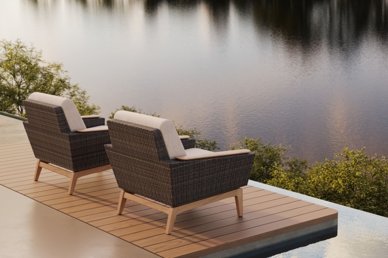 Patio Lounge Chair Pair Contemporary Teak Armrests Bronze Weave
