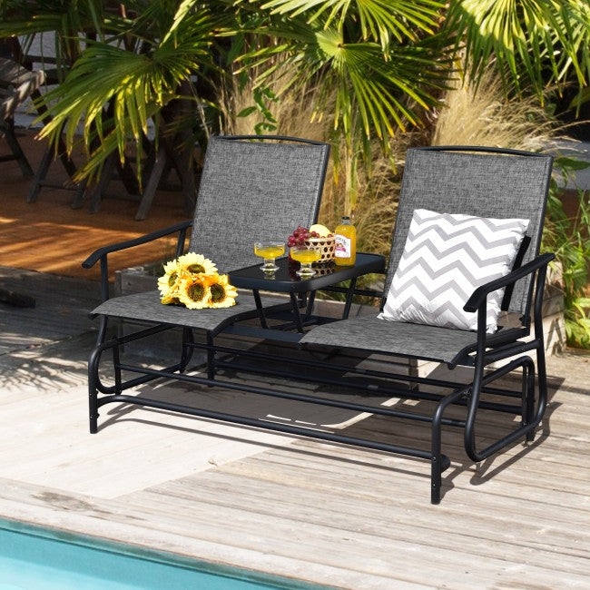 Patio Loveseat Rocking Brown Mesh Integrated Glass Table