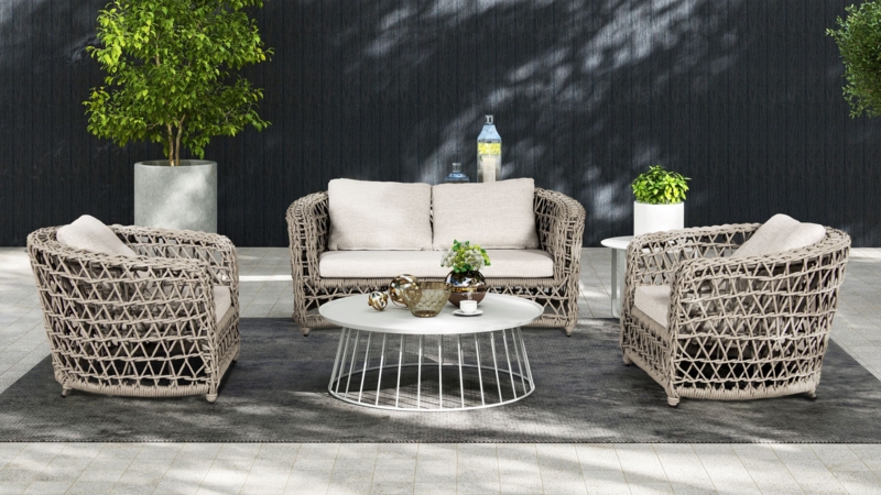 Patio Loveseat: Woven Barrel Frame in Oat Beige Upholstery