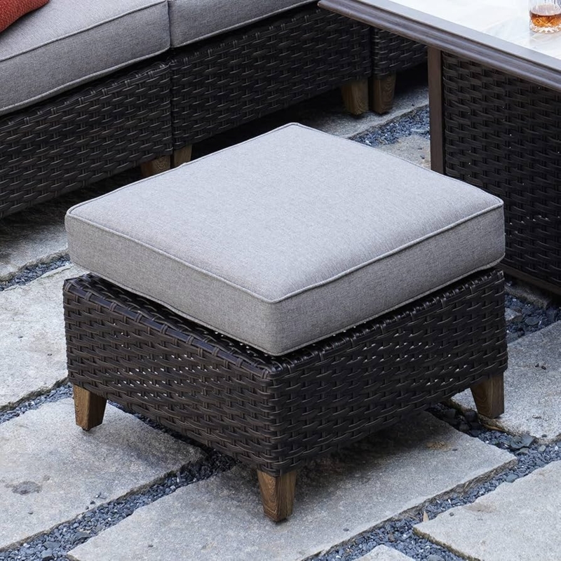 Patio Ottoman Dark Brown Wicker Plush Cream Cushion Square Footrest