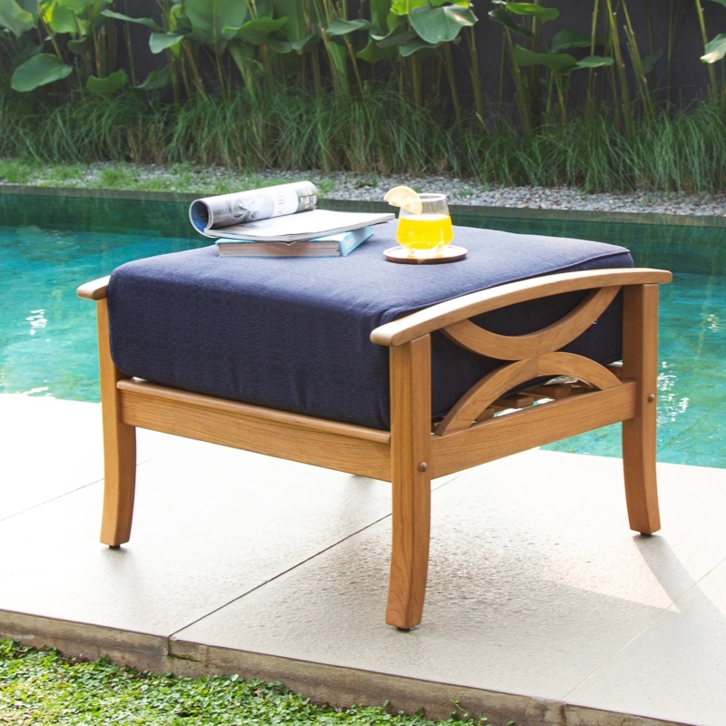 Patio Ottoman Natural Wood Teak Look Slatted Shelf Piped Cushion