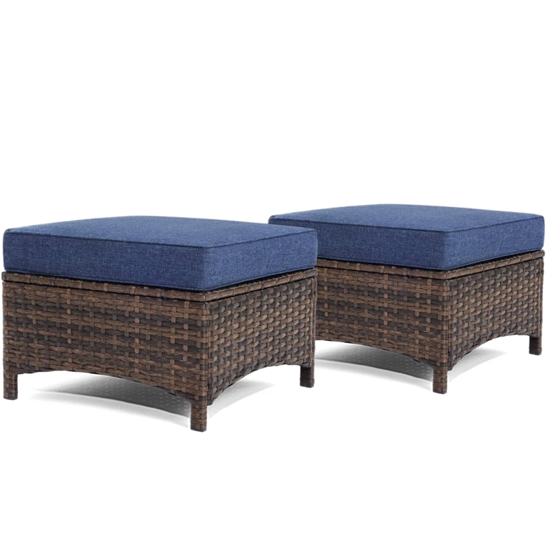 Patio Ottoman Pair Wicker Square Navy Blue Contrast Piping Coastal